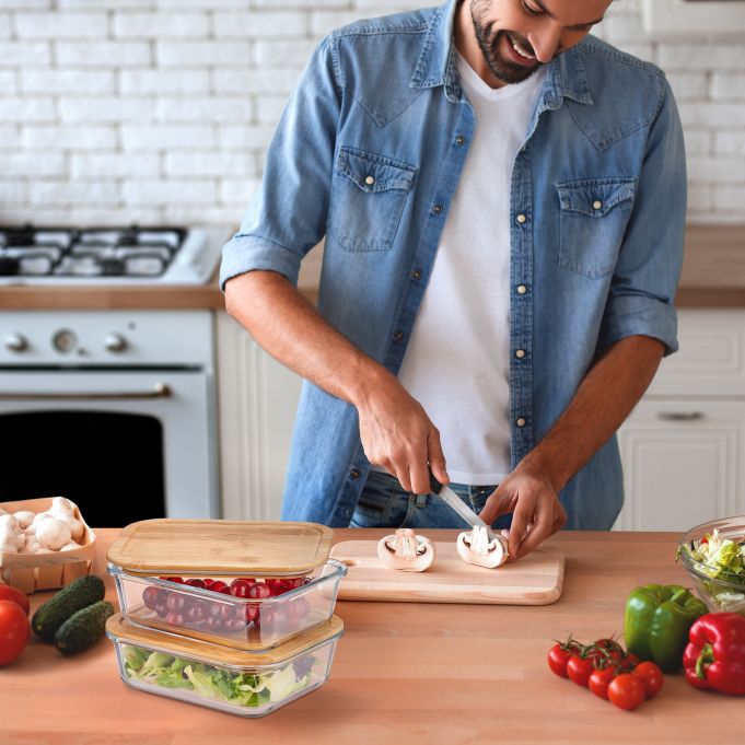 Rectangular Glass Baking Tray with Bamboo Lid | Oven Safe Storage & Serving Dish