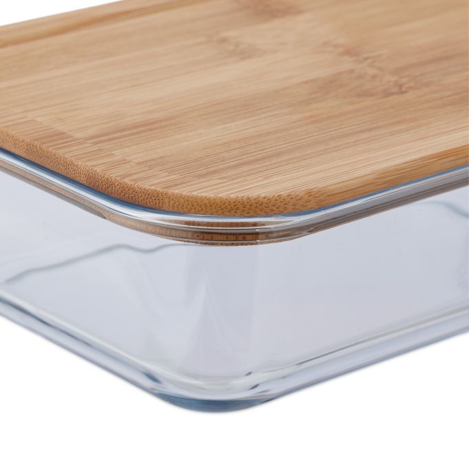 Rectangular Glass Baking Tray with Bamboo Lid | Oven Safe Storage & Serving Dish