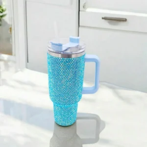 Turquoise Rhinestone 40oz Stainless Steel Water Bottle Tumbler Crystal Thermos