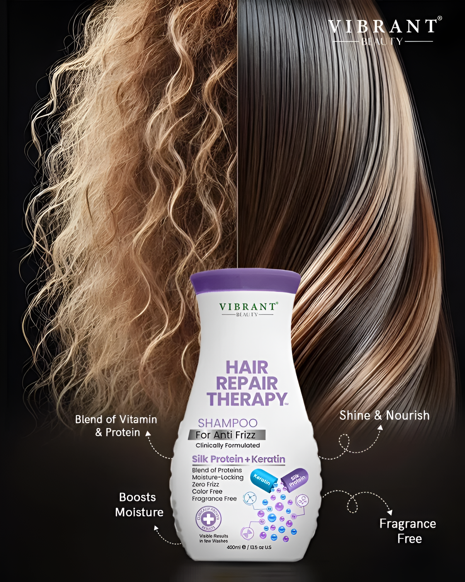 Vibrant Beauty Hair Repair Therapy Shampoo For Anti-Frizz (Silk Protein + Keratin) (400ml)