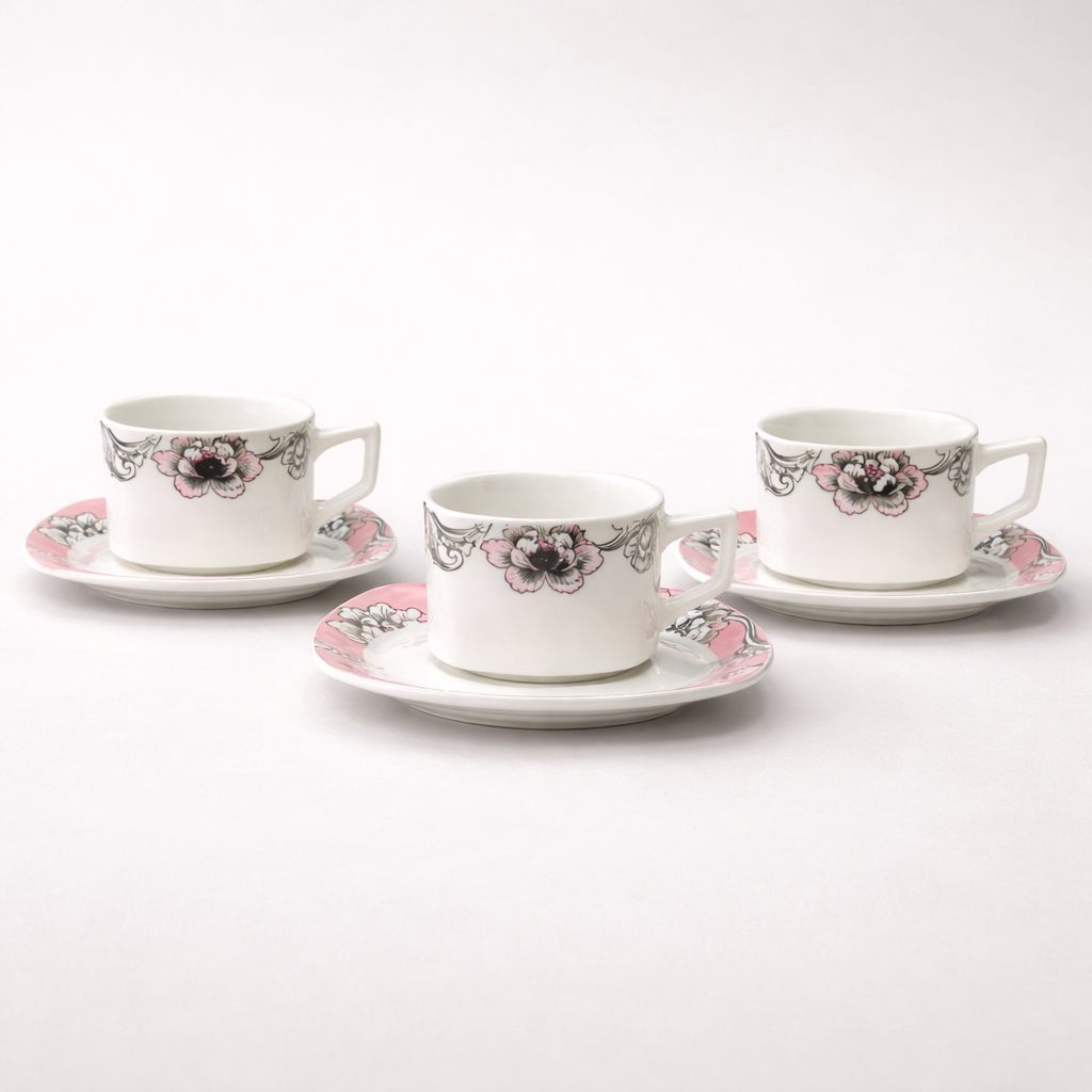 Elegant Square 6 Pcs Cup & Saucer Set – Premium Floral Design Tea & Coffee Cups | Luxury Ceramic Drinkware