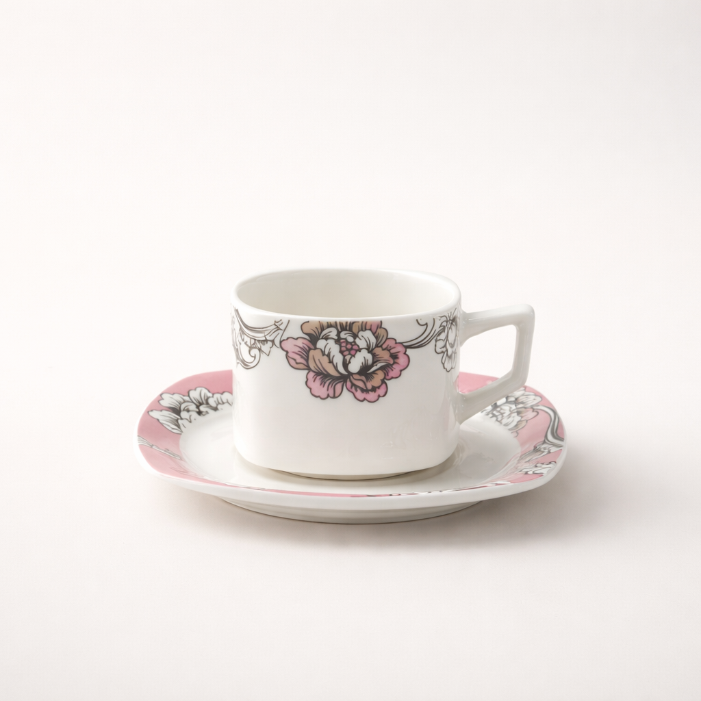 Elegant Square 6 Pcs Cup & Saucer Set – Premium Floral Design Tea & Coffee Cups | Luxury Ceramic Drinkware