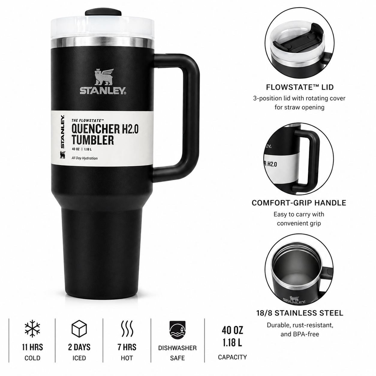 Stanley Insulated Tumbler with Handle & Straw | Leakproof Travel Mug | Cold & Hot Drink Cup (Stanley Style)
