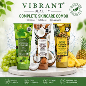 Vibrant Beauty Complete Skincare Combo – Grapes Cleansing Milk + Coconut Exfoliating Scrub + Pineapple Face Wash