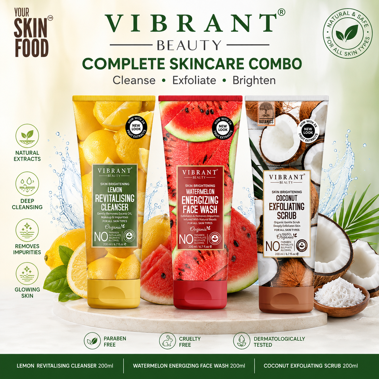 Vibrant Beauty Refresh & Glow Skincare Combo – Lemon Cleanser + Watermelon Face Wash + Coconut Scrub