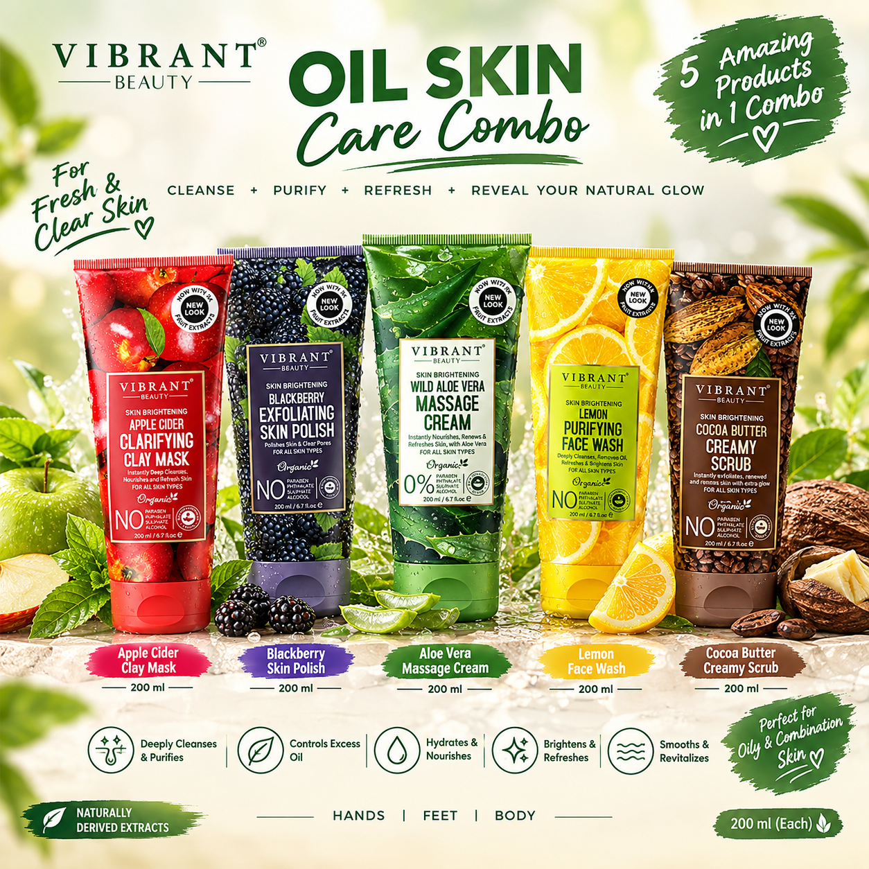 Vibrant Beauty Oil Skin Care Combo – 6-Piece Skincare Set | 200ml Each