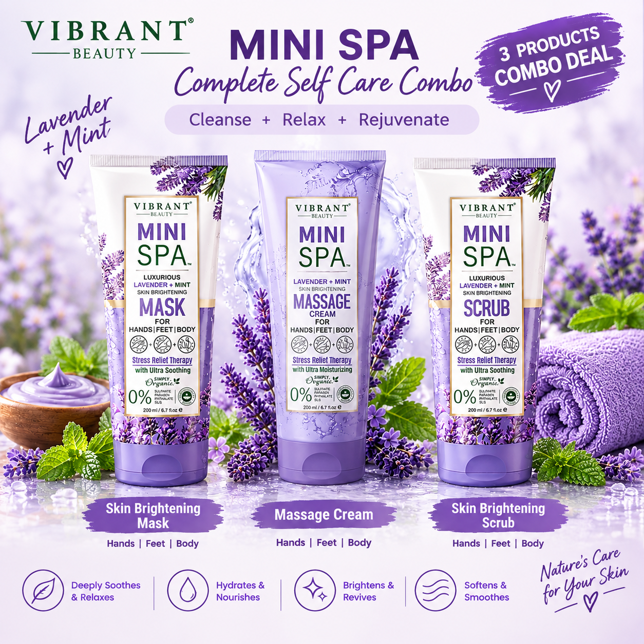 Vibrant Beauty Mini Spa Lavender & Mint 3-Piece Self-Care Combo – Mask, Massage Cream & Scrub